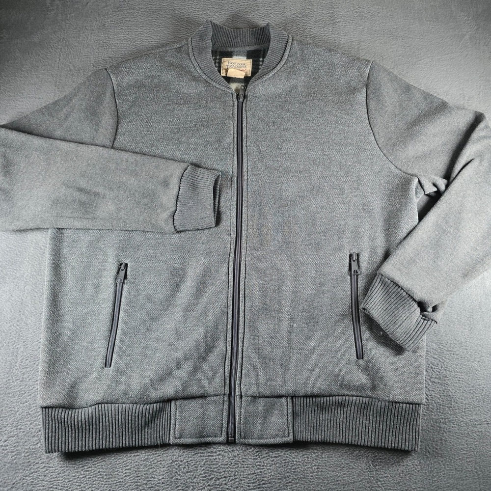 Boston Traders Mens XXL Gray Full Zip Fleece Lined Bomber Jacket Knit Textured